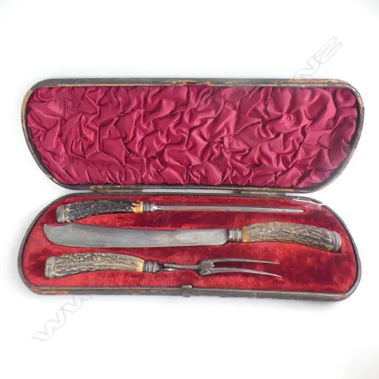 BOXED CARVER SET BONE HANDLED WITH HALLMARKED STERLING TOPS SHEFFIELD 1888