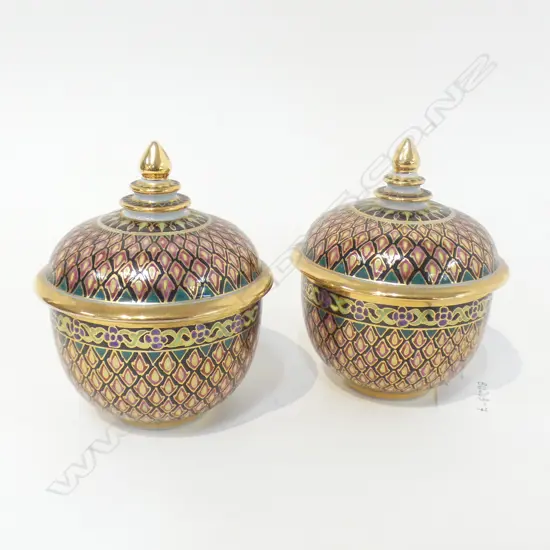 PAIR ORIENTAL HAND PAINTED BENJARONG CONTAINERS DIA 85MM