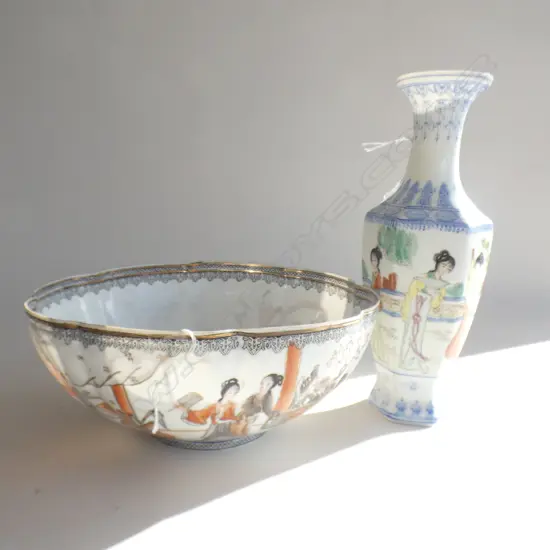 CHINESE EGGSHELL PORCELAIN BOWL 245mm dia + VASE H.260mm