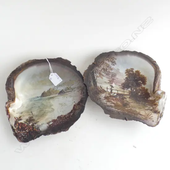 PR C1890 PAINTED LGE MOP SHELLS CONIAL SCENES by S.E. Slader 1890...