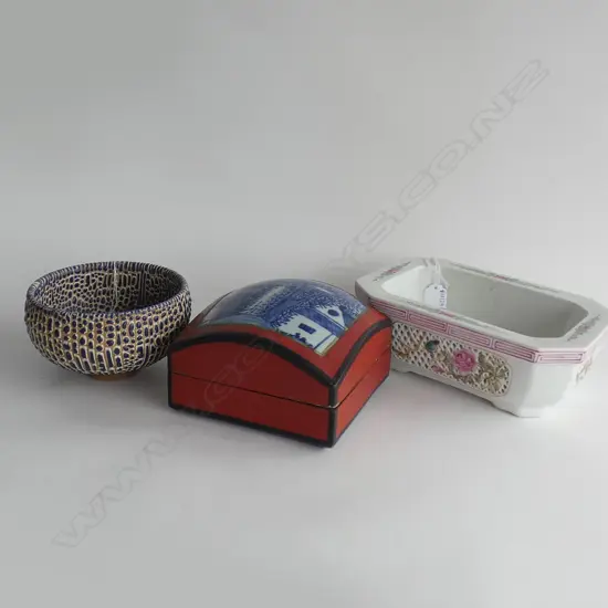 3 ORIENTAL PCES; BOWL 150mm dia, LIDDED CONTAINER & PLANTER W.225mm