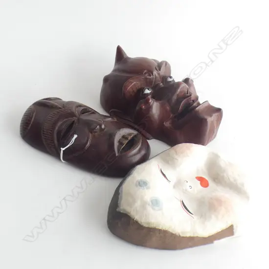 3 MASKS; 2x CARVED WOODEN + ORIENTAL PAPIER MACHE H.200mm