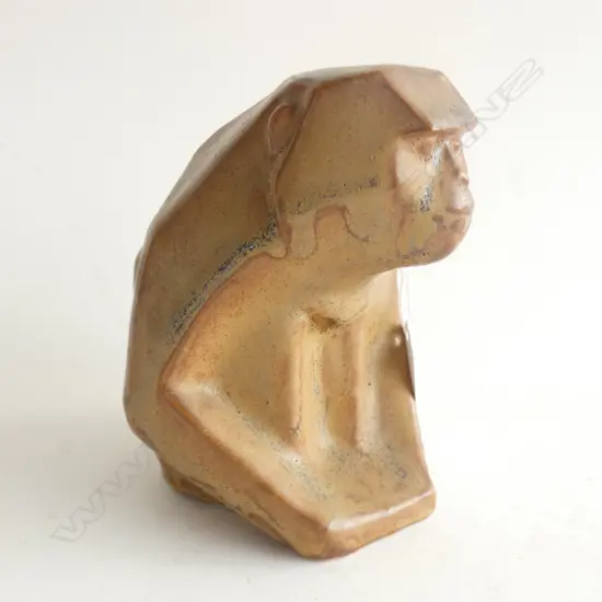 CUBIST POTTERY MONKEY SCULPTURE BROWN GLAZE H.140mm
