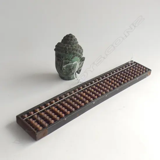 OLD WOODEN ABACUS L.385mm + METAL BUDDHA HEAD H.120mm