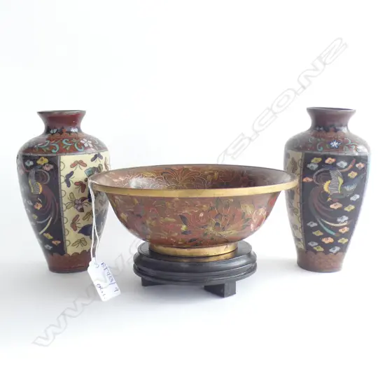 PR CLOISONNE VASES BOTH AF + BOWL ON STAND 180mm dia