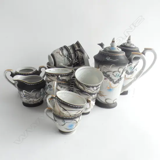 ORIENTAL DRAGON PATTERN DEMITASSE COFFEE SETS; 2 COFFEE POTS, 11 CUPS & 12 SAUCERS, JUG & BOWL