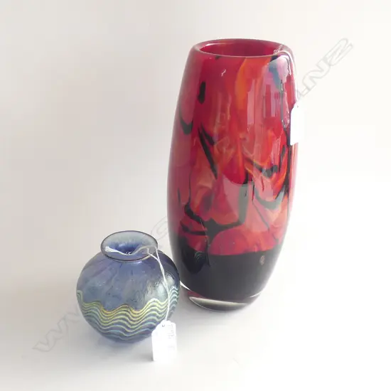 2 GLASS VASES ONE LARGE RED AND BLACK OTHER WITH LUSTRE FINISH