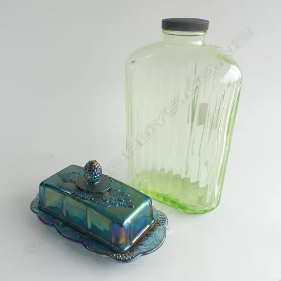LG OLD GREEN GLASS RIDGED BOTTLE WITH METAL LID (H 245MM)  & CARNIVAL GLASS CHEESE DISH 