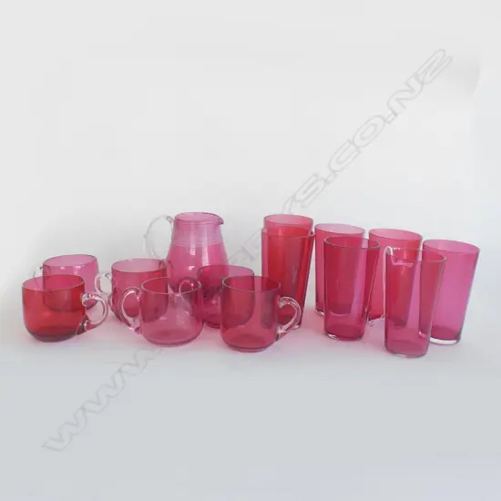 RUBY GLASS; 6 CUSTARD CUPS, 7 BEAKERS & JUG WITH APPLIED FRILL