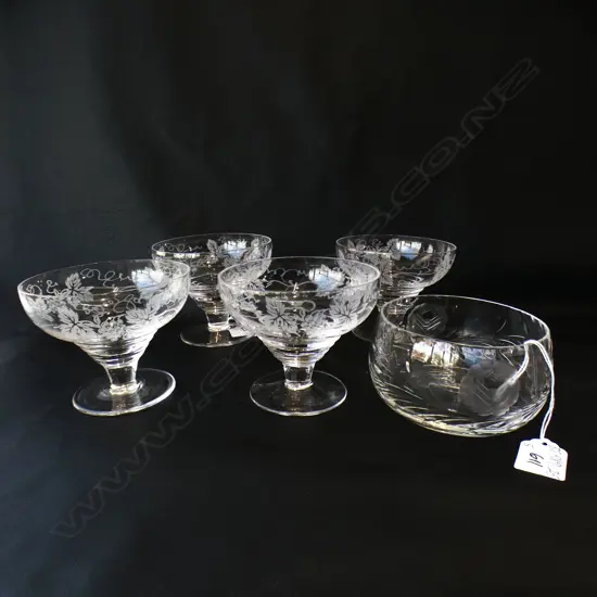 5 CRYSTAL ITEMS, 4 PARFAIT GLASSES & FLORAL BOWL