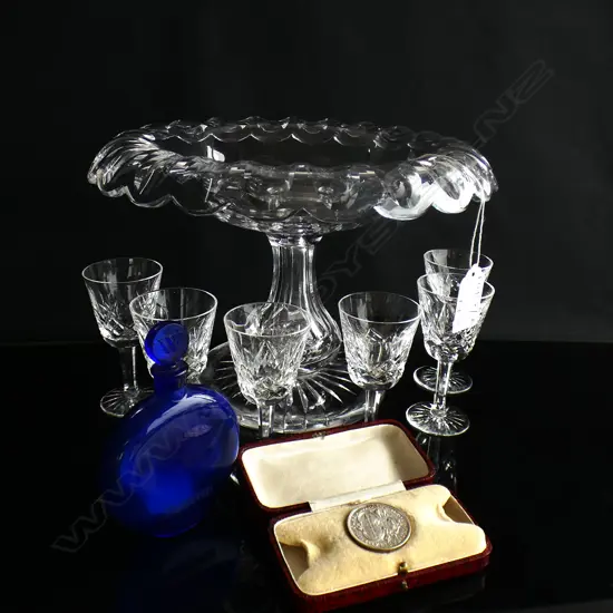 CRYSTAL COMPORT 240mm dia + 6 WATERFORD SHERRY GLASSES + BLUE WORTH PERFUME BOTTLE + SILVER? TOKEN