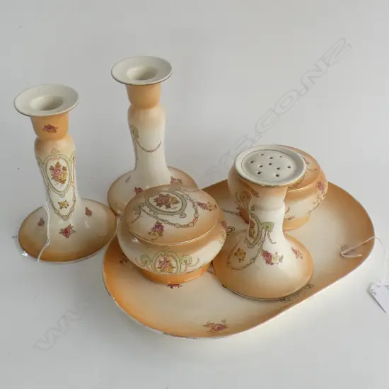 6 PC CROWN DEVON BLUSH WARE DRESSING TABLE SET; TRAY, LIDDED CONTAINER, HAIR TIDY, POMANDER & PR CANDLESTICKS 