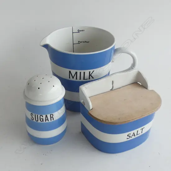 3 PCES CORNISHWARE; MILK JUG H.150mm, SALT BIN, SUGAR SIFTER