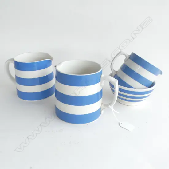 3 CORNISHWARE JUGS + VINTAGE BLUE STRIPED BOWL 140mm dia