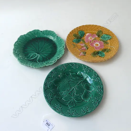 3 MAJOLICA PLATES; 2x GREEN + SARREGUEMINES 210mm dia