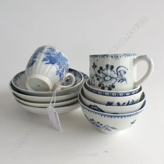 10 PCES 19thC B/W CHINA; 4 SAUCERS, 4 TEA BOWLS, 2 CUPS (SOME AF)