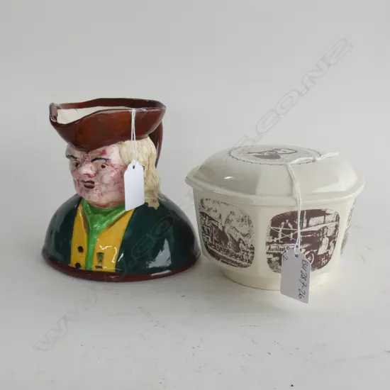 2 CROWN LYNN PCES. CHARACTER JUG + 50YR CERAMCO lidded box