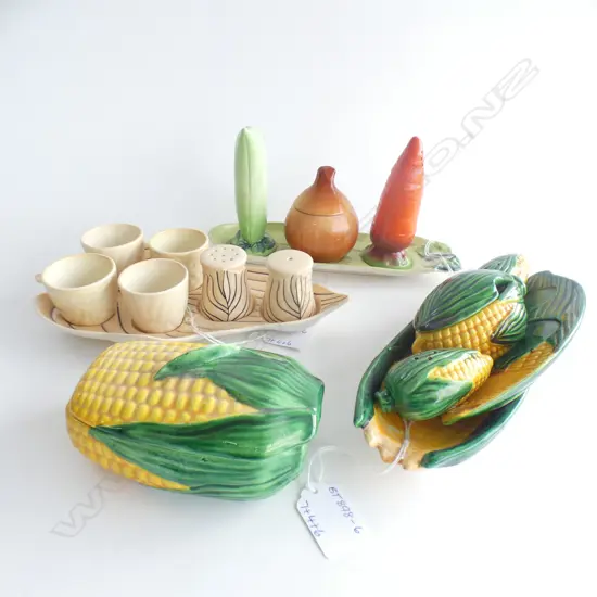 3 ASST CRUET SETS; 2 CARLTON WARE INCL. PEA, CARROT & ONION + 1 OTHER 6 PC CORN SET