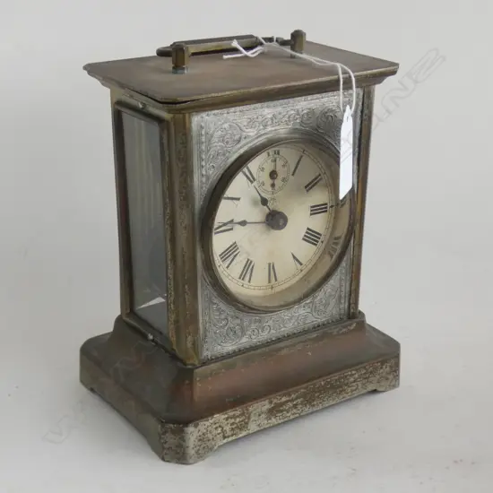 OLD SILVERED BRASS CARRIAGE/MANTLE CLOCK H.160mm