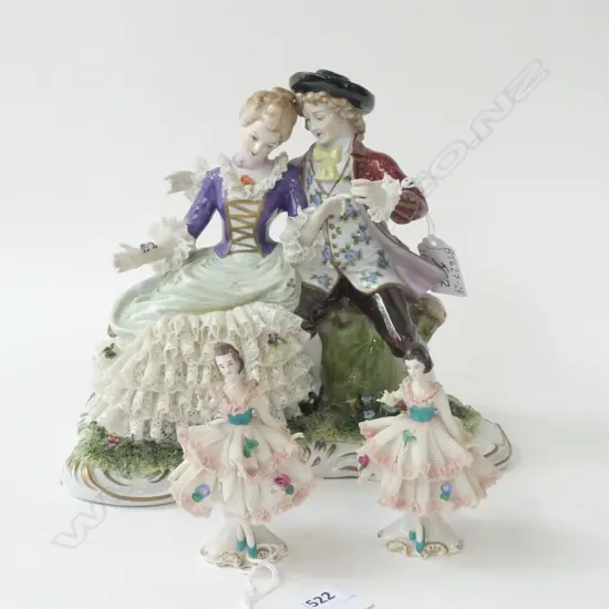 LG DRESDEN PORCELAIN LACE FIGURE (H 200MM) + 2 SMALL FIGURES (H95MM) BOTH SM ARE A/F