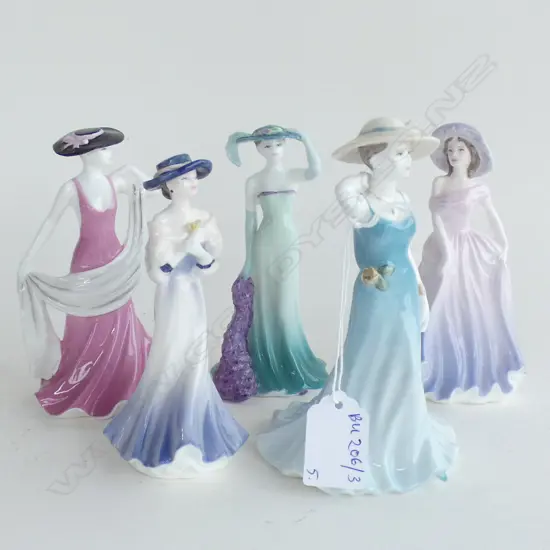 5 COALPORT FIGURINES ALL DEBUTANTES w. HATS; ANITA, SWEET 16, THANK YOU, ROSALIND & POPPY H.145mm