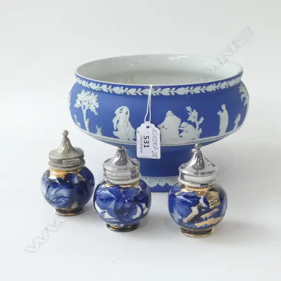 VICTORIAN COBALT WEDGWOOD PEDESTAL BOWL Dia.200mm + 3 SIMILAR CONDIMENTS