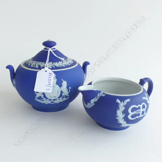 WEDGWOOD BLUE JASPER WARE MILK & LIDDED SUGAR 'EDWARD VIII 1937'
