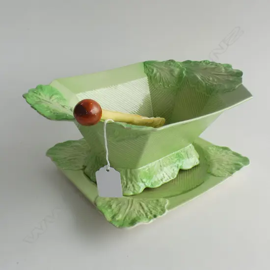 3 PCS CARLTON WARE ART DECO LETTUCE LEAF DISHES C1940-50's; LG BOWL, PLATE & SERVING SPOON