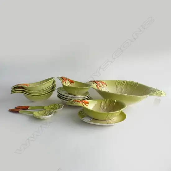 LG CARLTON WARE LOBSTER SALAD BOWL (340 X 240MM) & 1 SET SERVING SPOONS + 6 INDIVID. BOWLS & UNDER PLATES   C1950'S