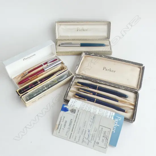 5 CASED PENS; PARKER ETC