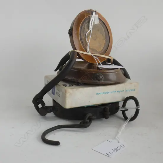 OLD IRON & BRASS SCALES + BOXED RONSON LIGHTER + POCKET WATCH STAND