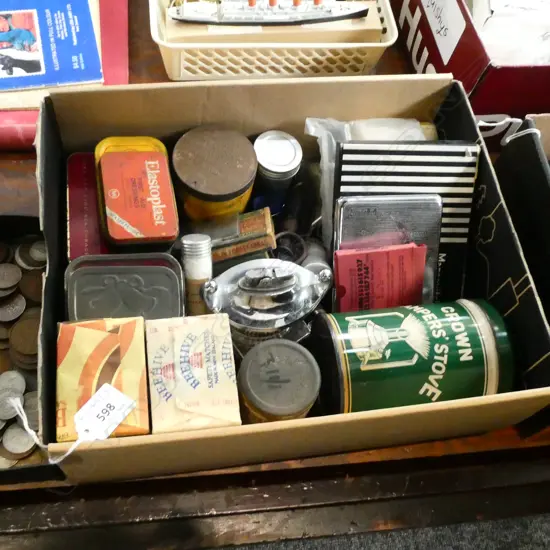 BOX LOT ASST. VINTAGE ITEMS; MATCHES, LIGHTERS ETC