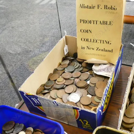 ASST. COINS; MOSTLY COPPER PENNIES + BOOK 4.5 KG