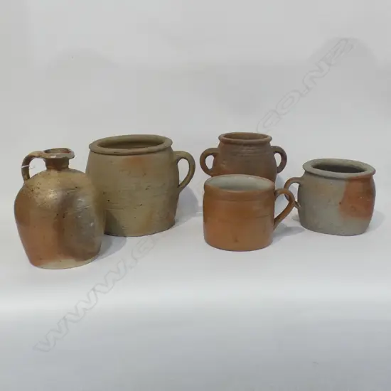 5 PCES RUSTIC POTTERY; CONFIT POTS ETC
