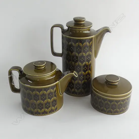 3 PCS HORNSEA GREEN HEIRLOOM - TEAPOT, COFFEE POT & LIDDED BOWL 