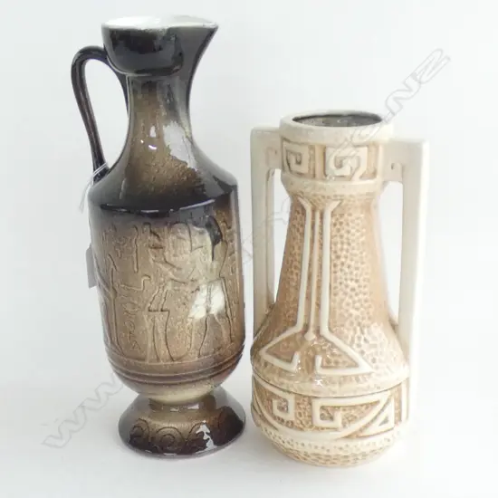 TITIAN STUDIO 'EGYPTIAN' JUG H.315mm + ARTS & CRAFTS BROWN GLAZED DOUBLED HANDLED VASE
