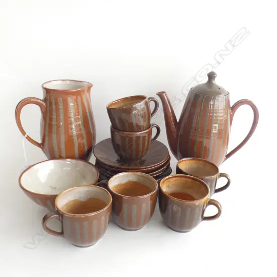 15 PCE STUDIO POTTERY COFFEE SET; 6x C/S, BOWL + COFFEE POT & JUG