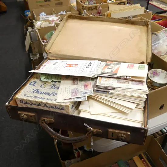 OLD LEATHER BRIEFCASE w. ASST. STAMP CONTENTS W.400mm