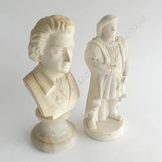 2 WHITE FIGURES; ALABASTER BUST OF MOZART ON MARBLE BASE SIGNED PROF G BESSI  (H 240MM) + OTHER OTHER (H 240MM)