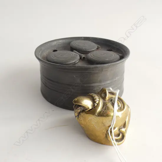 2 ANTIQUE INKWELLS: PEWTER 3 POT CAPSTAN + BRASS HEAD W TONGUE LID