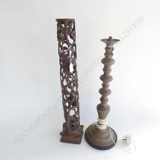 2 LAMP BASES; COPPER & CARVED WOOD H.565mm