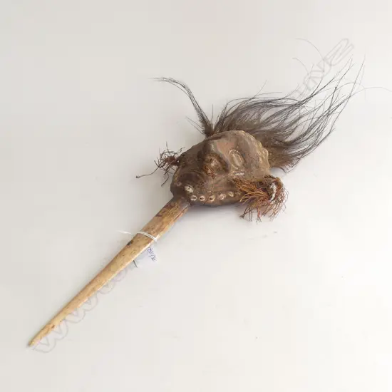 PNG TRIBAL POTTERY MASK ON BONE HANDLE w. FEATHER HAIR H.600mm