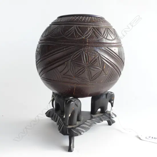 PACIFIC ISLAND CRVED LIDDED COCONUT BOWL ON ELEPHANT STAND H.200mm