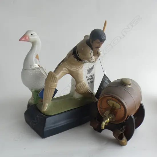 3 DECANTERS; RICHARD HADLEE CRICKETER H.330mm + GOOSE & COPPER BARREL