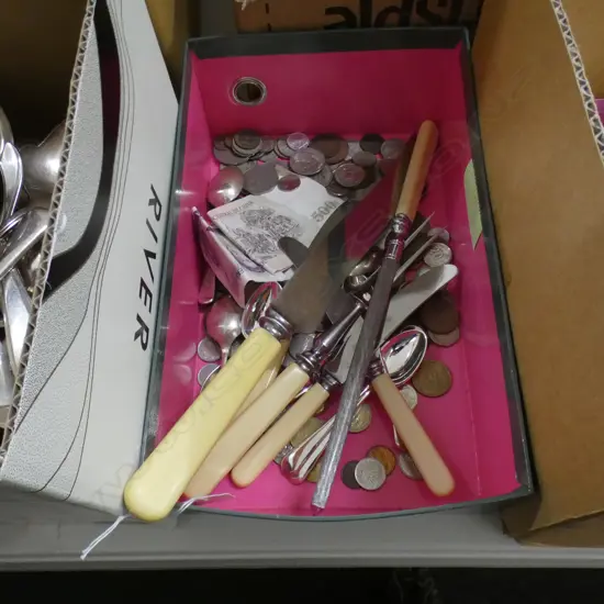 BOX LOT ASST. COINS & CUTLERY