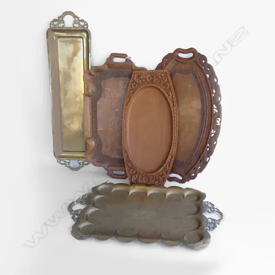 5 INDIAN TRAYS; 2 BRASS + 3 CARVED WOODEN