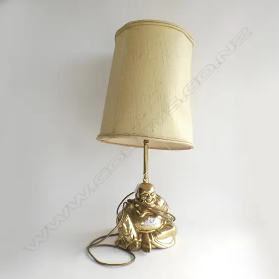 BRASS BUDDHA LAMP w. RETRO YELLOW SILK SHADE H.700mm