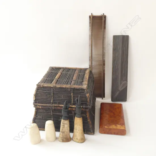 PR BONE FIGURES + CONDIMENTS + 3 WOODEN PCES; PRINTING BLOCK, BURR LIDDED CONTAINER, WEAVERS HEDDLE L420mm, WOVEN BASKET