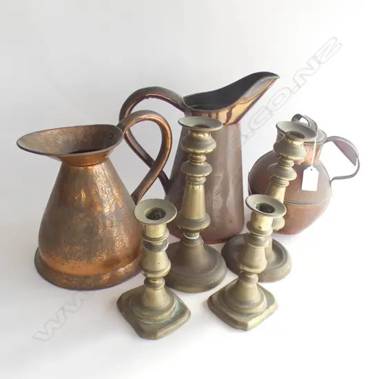 3 COPPER JUGS + 2 PRS BRASS CANDLESTICKS 