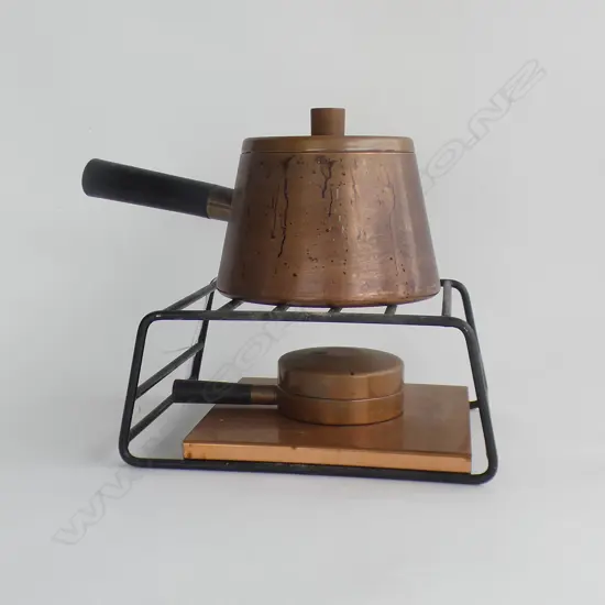 MID CENTURY COPPER FONDUE SET; STAND, BURNER & SAUCEPAN 